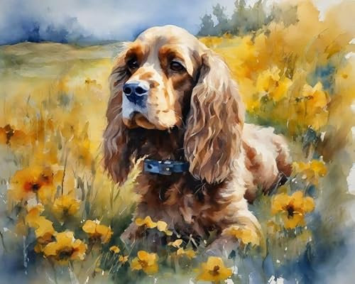 ZMHZMY Malen nach Zahlen Cocker Spaniel,Blumenwiese Painting by Numbers Kit DIY ölgemälde Kit für Erwachsene,Anfänger Painting Set 16x20 Zoll Leinwanddruck Wandkunst Dekoration