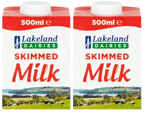 Lakeland UHT Skimmed Milk 500ml Pack of 2 Low Fat 1.25% Long Shelf Life Calcium Dairy Drink Screw Top Multipack Catering Hospitality Office Pantry with Welari Thank You Card | (2pack) (1000ml)