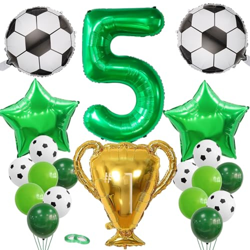 Fussball Deko Geburtstag Kinder 5 Jahr Folienballon,Geburtstagsdeko 5 Jahr Junge,Latex Fußball Ballons Grün,24 Pcs Fussball Luftballonset mit zahl 5 Luftballon Und Trophäe Folienballon Geburtstag Deko