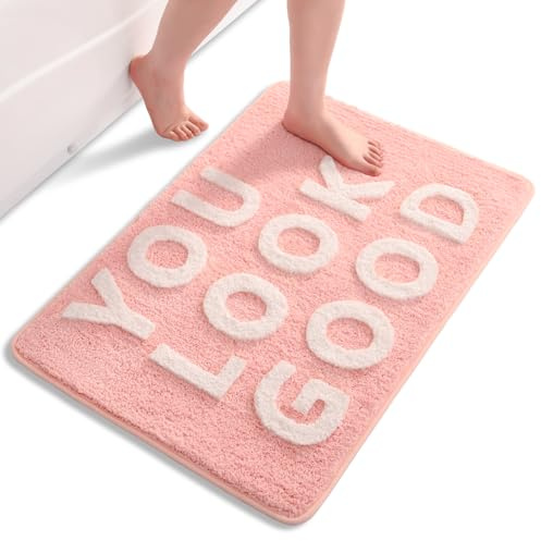 QJHOMO Rosa und Weiss Badezimmerteppich Klein Badematte rutschfest Waschbar Badteppich niedlich Badezimmer Deko Flauschig Badvorleger Weiche Mikrofaser Absorbierende Bad Teppich 55 x 81 cm