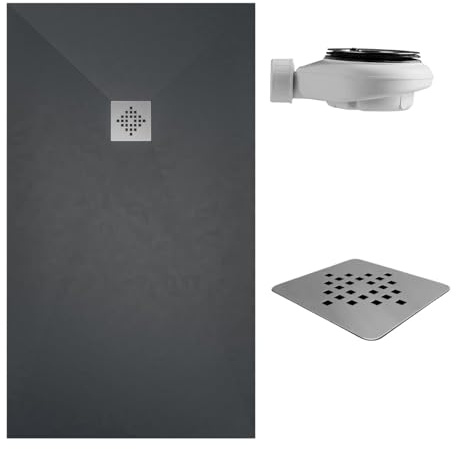 SoulHome Receveur de douche Résine 160x100 Anthracite Grille Standard | Antidérapant C3, extra-plat, résine et charge minérale, texture pierre lisse, antibactérien, gel-coat, + bonde d'évacuation