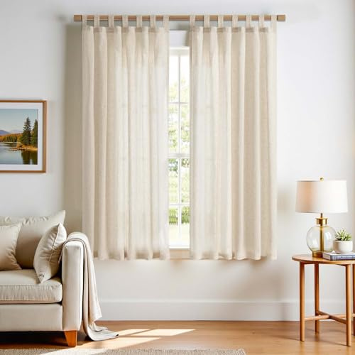 TOPICK Gardinen mit Schlaufen Leinen Vorhänge für Wohnzimmer Schlafzimmer Stores Fenster Lichtdurchlässig Lichtfilterung Vorhang Bauernhaus Landhausstil Gardine küche 2er Set 140Bx175H (cm) Beige