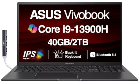 ASUS Vivobook K3704VA-DS96 17X Ordinateur portable 17,3 IPS FHD Écran (Intel i9-13900H, 40 Go DDR4, SSD PCIe 2 To, Intel Iris Xe, KB rétroéclairé, empreintes digitales, webcam, WiFi 6E, Win 11 Pro