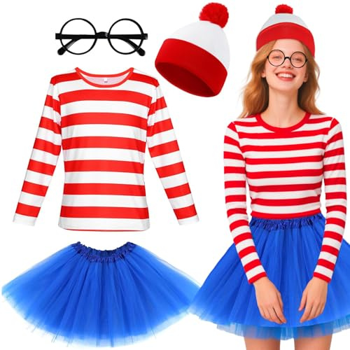 Costume de Wally 4 pièces pour femme avec haut rayé rouge et blanc, jupe tutu bleue, chapeau, lunettes pour la journée mondiale du livre, Halloween, cosplay, fête à thème, Halloween, Noël