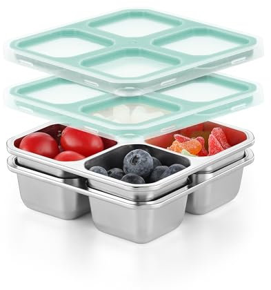 Misichao Scatole per snack in acciaio inox con 4 scomparti, riutilizzabili, piccole scatole per il pranzo Bento, per bambini e adulti, contenitori divisi per la preparazione dei pasti per scuola