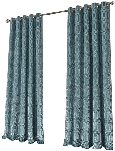 Olivia Rocco Luxe Geo Velvet Curtains Eyelet Curtain Pair Modern Geometric Pattern Soundproof Light Blocking Thermal Insulated Drapes for Bedroom Living Room, Teal 90x90
