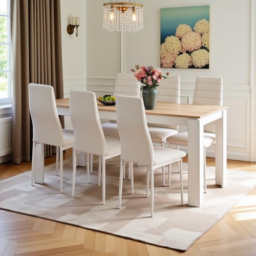 FURNITABLE Matbord med 6 stolar, matsalsgrupp, matgrupp med hög rygg, konstläderstol för 6 personer, sittgrupp för kök, vardagsrum (160 cm ekvita bordsben, bord 6 vita stolar)