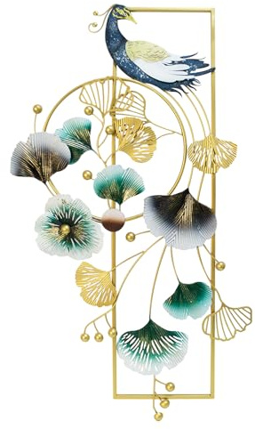 Aisny Wanddeko Wohnzimmer, 89 x 45cm 3D Wanddekoration Wohnzimmer Wall Wanddeko Pfau und Ginkgo Blätter Metall Wand Deko Hängende Esszimmer Korridor Wanddekoration 3D Wandbild Wall Decor