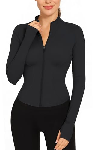 EIISSION Veste Sport Femme Slim Gilet Zippé Femme Tee Shirt Manches longues respirantes avec pouces Vetement Ensemble Haut Sport Fitness, Running et Yoga Noir L
