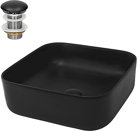 LuxeBath Waschbecken Keramik 395x395x140 mm Schwarz mit Ablaufgarnitur Schwarz, Quadratisches Aufsatzwaschbecken für Badezimmer/Gäste-WC, Aufsatzbecken modern Waschtisch Waschschale Waschplatz Becken