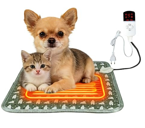 OBEST tappeto riscaldante per cani e gatti, 9 livelli di temperatura da 20 a 50 °C, tempistica 2 a 12 ore, tappetino riscaldante per gatti, tappetini riscaldanti per cani 45x45, impermeabile