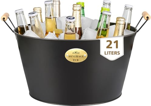 21 L Bacs à Boisson pour Fêtes, Grand Seau à Glace avec Poignées en Bois, Bac Galvanisé Noir, Bacs Idéals pour Boissons en Fêtes