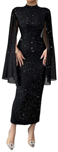 SweatyRocks Pailletten Kleid Damen Party Langarm Kleid Herbstkleid Elegant Maxikleid Mesh Glitzerkleid Lang Party Kleider Abendkleider Schwarz M