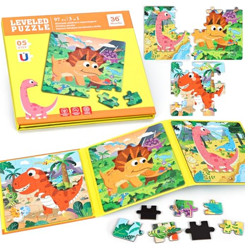 BBLIKE 3er-Pack Kinderpuzzle Magnet Puzzle, Dinosaurier Puzzle Lernspielzeug, Rahmenpuzzle für Kinder ab 3 Jahren