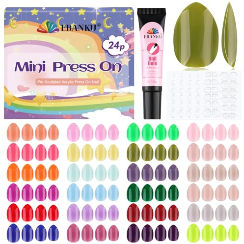 EBANKU 576-teiliges Set künstliche Fingernägel für Kinder, 24er-Packung, kurze, vollständig bedeckende Kunstnägel zum Aufkleben für Mädchen, mit Nagelkleber und Klebetabs, für Kinderweihnachtsfeiern