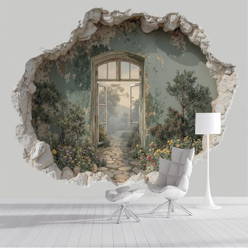 ZISTRCBAO Fondo De Pantalla Panorámica Ventana Antigua Con Agujero En La Pared 3D 200x140cm, Estilo Romántico Retro Fotomurales Seda Para Salón Dormitorio Oficina Pared De Fondo De TV, Verde
