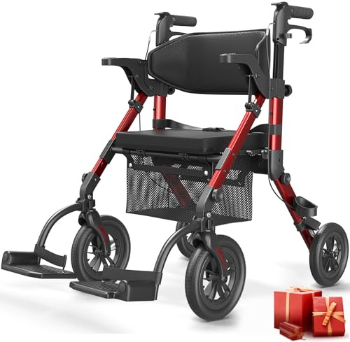 VOCIC 2 in 1 Rollstuhl Rollator Faltbar und Leicht mit Sitz,Outdoor Gummireifen für Allen Gelände,Leichtgewicht Rollatoren mit Netztasche,Aluminium Gehhilfer Transport-Stuhl,Rubinrot,5 Jahre Support