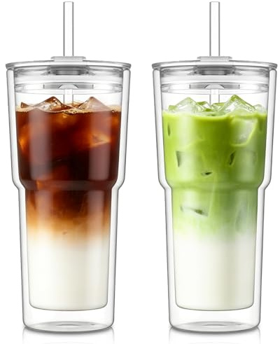 KEMORELA 2 Pack Double-Walled Glass Cups 600ml with Lids & Straws – Large Insulated Tea & Coffee Glasses with Straw Cleaner for Iced Coffee, Smoothies, Latte & Cold Drinks