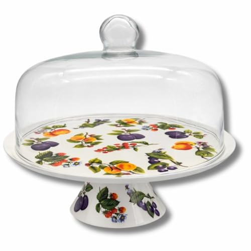 LEONARDO LUXURY HOME DESIGN Alzata Torta Porcellana Bianca Ø 31 cm con Cupola Vetro Decorazione Frutta Piatto Porta Dolci con Campana Ideale Crostate Biscotti Dessert (Decorazione Frutta Grande)