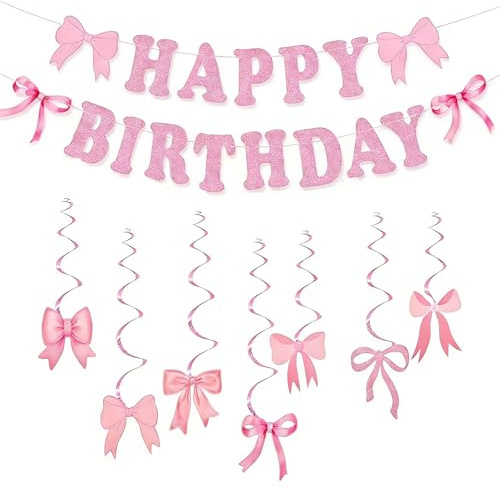 Ovanda Girlande Geburtstag, Geburtstagsdeko Rosa Happy Birthday Girlande, Rosa mit Schleifen Deko Geburtstag, Happy Birthday Banner Dekoration für Frauen, Mädchen, Party Supplies, Kinder Feier