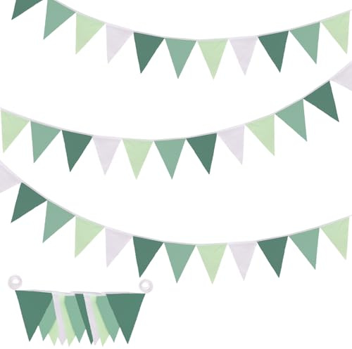 32Ft Sage Green Bunting Banner Party Decorations, Fabric Triangle Flag Pennant Garland Streamer for Spring Summer Golf Jungle Baby Shower Birthday Wedding Outdoor Hanging Bunting Decor