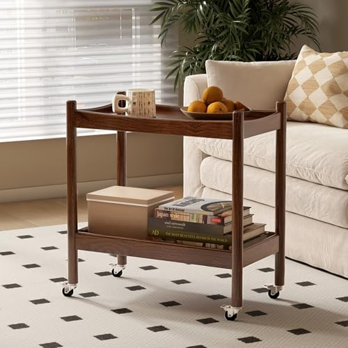 YESWOOD Wooden Rolling Trolley Serving Cart, Solid Oak Side Table with Wheels, Retro Mobile End Table for Living Room, 2-Tier Bar Cart for Dining, Study, Balcony (Oak, Walnut Finish)