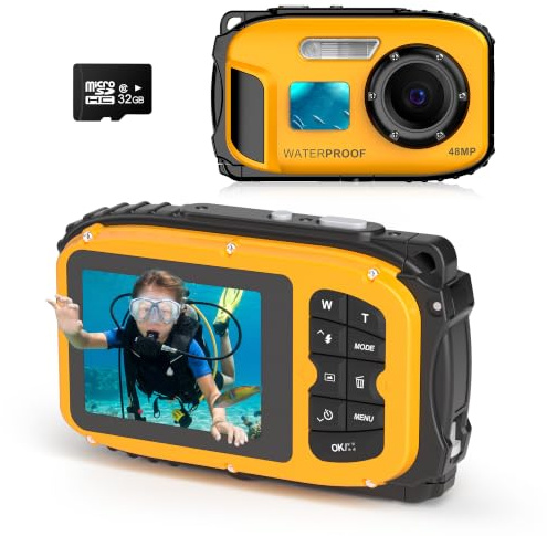 Fotocamera subacquea galleggiante per bambini, fotocamera digitale impermeabile con scheda da 32 GB, fotocamera portatile da 48 MP 4K per snorkeling per piscina e spiaggia, leggera e ricaricabile
