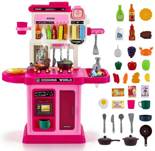 Cuisine Enfant avec 50 Accessoires, Cuisine Jouet avec Lumière, Son & Vapeur, Cuisine Enfant avec Plaque de Cuisson, Évier & Fonction Eau, Cuisine Poupée, Cuisine Jouet pour Enfants dès 3 Ans