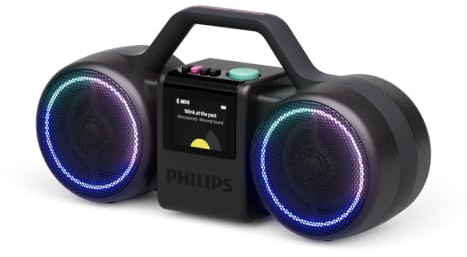 Philips The Roller Altavoz inalámbrico TAMS60B - 120 W máximo, Bluetooth 6.0, IP67 Impermeable, batería de 24 Horas, Sonido estéreo, diseño Retro, Auracast, USB-C, Luces LED, Color Negro