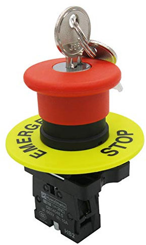 mxuteuk 1NC Red Mushroom Switch AC 660V 10A 22mm Red Mushroom Emergency Stop Push Button Switch Key Reset with Emergency Stop Sign ，HB2-ES142