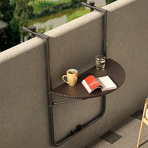 BAKAJI Tavolo Tavolino da Ringhiera per Esterno Balcone Pieghevole Salvaspazio Altezza Regolabile Struttura in Metallo e Piano in Polyrattan xon Portabicchieri Dimensione 60x64cm (Marrone)