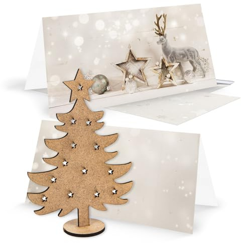 Logbuch-Verlag 3 leere Weihnachtskarten silber beige mit Umschlag + kleiner Weihnachtsbaum aus Holz - Weihnachtsgrußkarte mit Geschenk