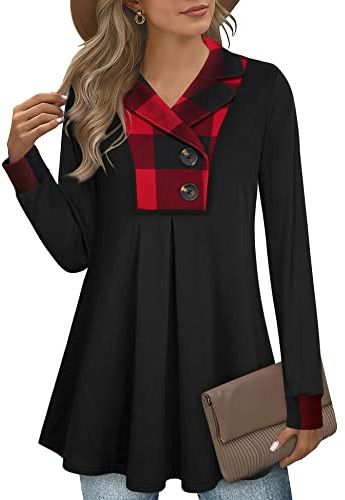 Gaharu Tunic Flannel Shirts for Women Fashion Plaid Contrast Tops Flowy Sweatshirts Checked Button Up Sweaters Lapel Tartan Blouse Red Plaid,M