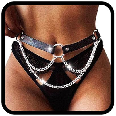 Flovel Punk Leder Körperketten Karneval Schwarz Geschichtete Taillenkette Gürtel Rave Nachtclub Bauchketten für Damen