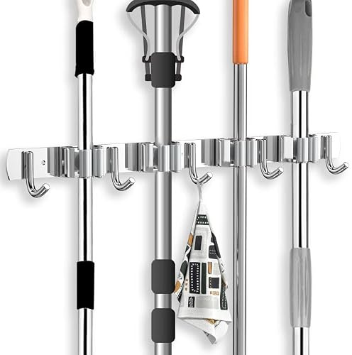 Newaner Besenhalterung Wand Bohren Selbstklebend, mit 4 Halter und 5 Haken | Edelstahl, Gerätehalter Wandhalterung Metall, Besenhalter, Gartengerätehalter für Küche, Schränke, Bad, Garage, Silber