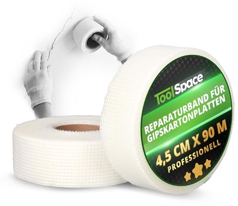 ToolSpace Cinta Fibra Vidrio Autoadhesiva Para Grietas y Juntas de Placas de Yeso 4,5 cm x 90 m Para Reparación de Paredes y Techos y Refuerzo de Fisuras en Placas de Yeso, Hormigón y Mampostería