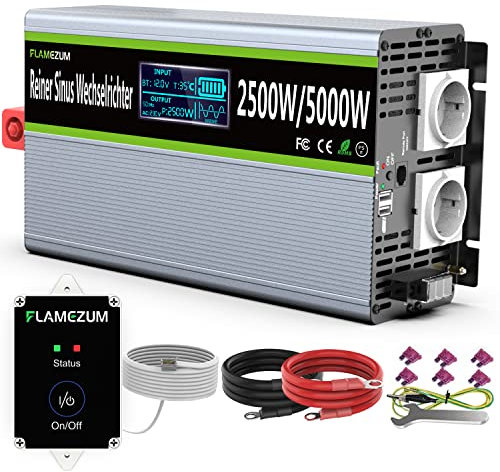 FLAMEZUM 2500W Wechselrichter 12V auf 230V Reiner Sinus Spannungswandler mit Fernbedienung,2xAC-steckdosen,2x3.4A USB Port und Intelligentes Display,Inverter für Camping, Wohnmobil
