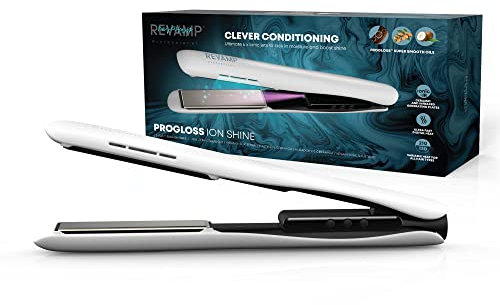 REVAMP Piastra Progloss Ion Shine in ceramica, tecnologia ionica anti-crespo, con oli super liscianti Progloss di cheratina, olio di argan e olio di cocco, impostazioni di calore variabili, nera