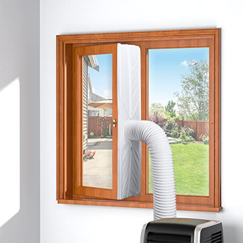Calfeutrage de Fenêtre 300CM, Kit de Joint Fenetre Climatiseur Mobile Étanche, Fermeture*4, Tuyaux Simples et Doubles Disponibles, Idéal pour Climatiseurs et Séchoirs Mobiles, aucun Perçage, Blanc