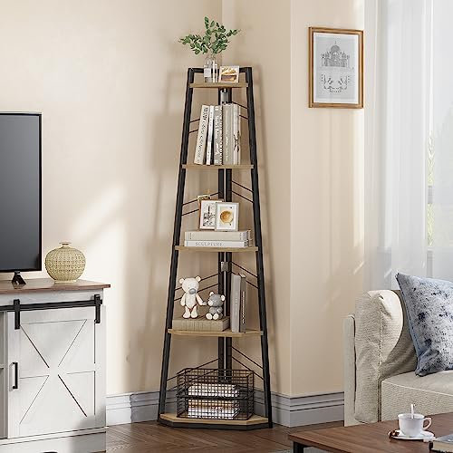 YITAHOME 5-Stöckiges Eck-Bücherregal - Industrielles Freistehendes Leiter-Bücherregal, Modernes Offenes Holzregal für Wohnzimmer, Diele, Home Office, Eiche