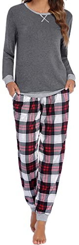 Ekouaer Pyjama Femme Carreaux Vêtement d'Intérieur Automne Hiver S-2XL | 2 poches, taille élastiquée à cordon, bords côtelés chauds, imprimé tendance, tissu doux et respirant, coupe décontractée