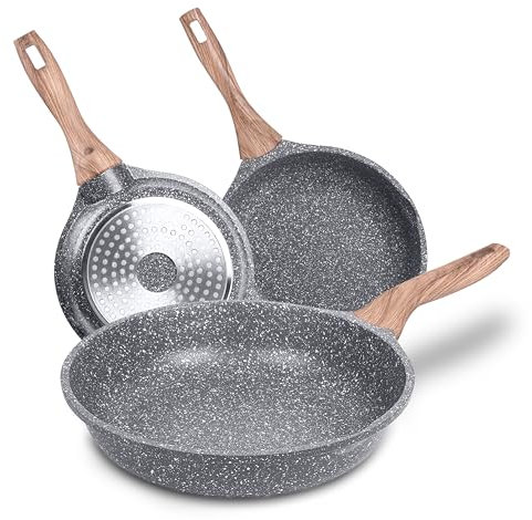 La Moustache - Set de Sartenes de 20/24/28 cm【Ebook +40 Recetas】con Antiadherente, sin PFOA/PFOS, Juego Apto para Inducción, Batería de Cocina Profesional de Aluminio, Mangos Antiquemadura (Bastei)