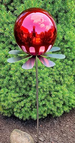 Jürgen Bocker Garten-Ambiente Blütenzauber Rotterdam Rosenkugel 15 cm Edelstahl Gartenstecker Deko mit Stab 80 cm (rot poliert)