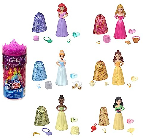 DISNEY PRINZESSIN Color Reveal-Puppen - 6 Überraschungen, Wasseraktiviert, Zubehör, für Kinder ab 3 Jahren, Arielle, Tiana, Mulan, Cinderella, Belle, Aurora, HPX39