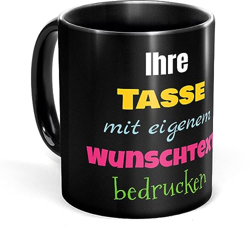 Schwarze Tasse selbst gestalten - mit Text bedrucken - mit schwarzem Hintergrund - Geschenk für Familie, Freunde, Geburtstag, Weihnachten - Keramik, 330 ml I Personalisiert