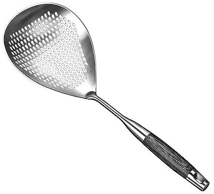 awakentti Cucchiaio scanalato in acciaio inox, schiumarola, grande schiumarola, colino con manico, utensili da cucina in acciaio inox, durevole, per scolare e friggere (nero)