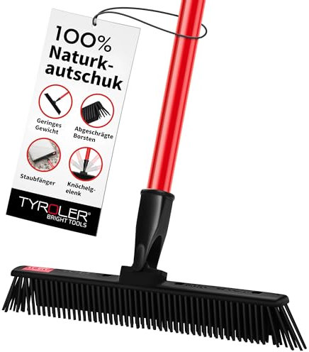 Tyroler Japanischer Gummibesen mit Stiel | Kehrbesen-Kopf aus 100% Naturkautschuk 30 cm | Besen mit Stiel und 140 cm Anti-Rost-Griff | | Besen Innen | Gummibesen Tierhaare