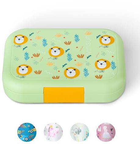 VINSUN Porta Pranzo per Bambini con 4 Scomparti - Senza BPA, Prova di Perdite, Adatto a Microonde e Lavastoviglie - Lunch Box Verde con Leoni per Scuola, Asilo, Escursioni