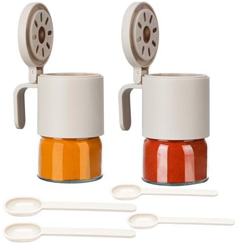 Belle Vous Glass Spice Jars with Flapper Lids & Spoons (2 Pack) - 350ml Seasoning Storage Containers - Kitchen Condiment Jars for Sugar, Salt & Coffee