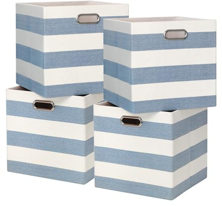 BinWhiz 4-Pack 33x33x33 cm Foldable Storage Cube Bins, Fabric Stripes Home Organizer Boxes with Metal Handles for Kallax Shelves, Closet, Cabinet, Bookcase Decor and Laundry (Blue & White)